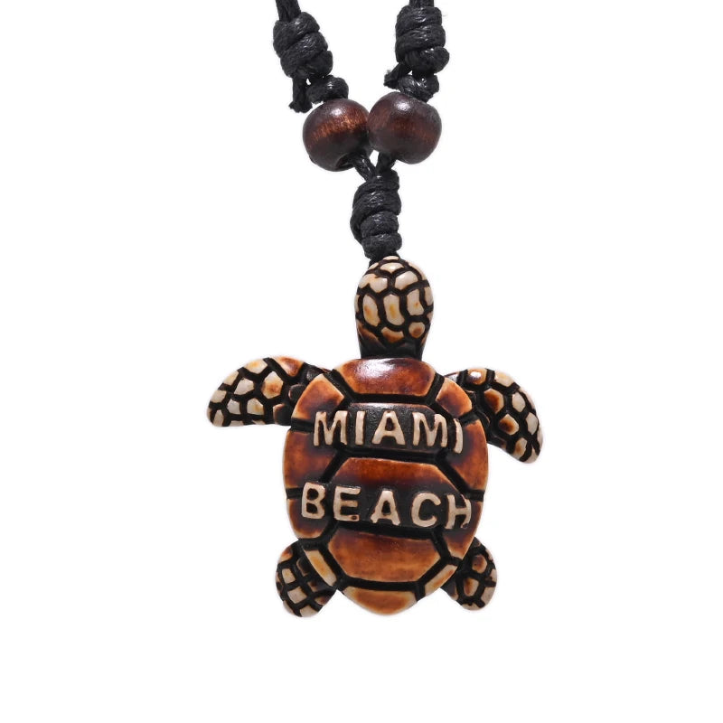 Sea Turtle Bone Pendant Wax Cord Necklace Jewelry