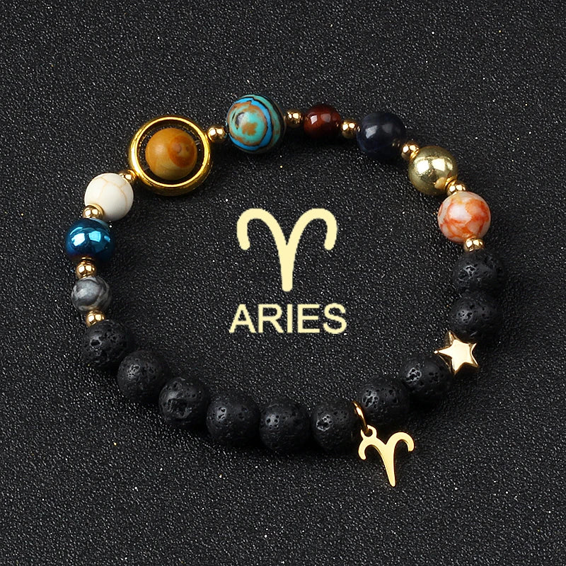Eight Planets & Twelve Zodiac Beaded Bracelet, Natural Stone Cosmic Astrology Talisman