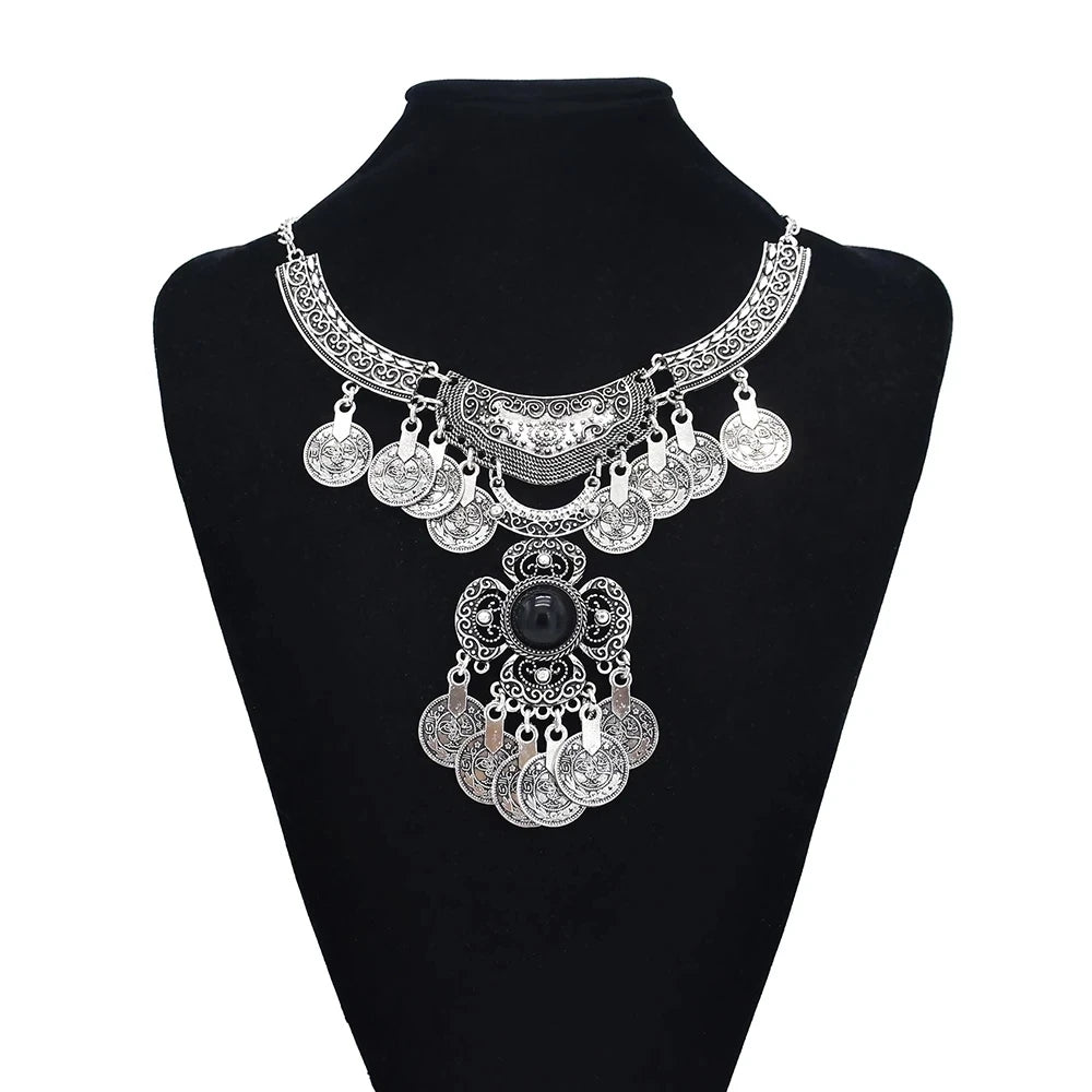 Carved Coin Tassel Tribal Necklace Jewelry