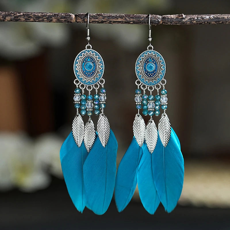 Feather Leaf Crystal Bead Long Earrings Jewelry
