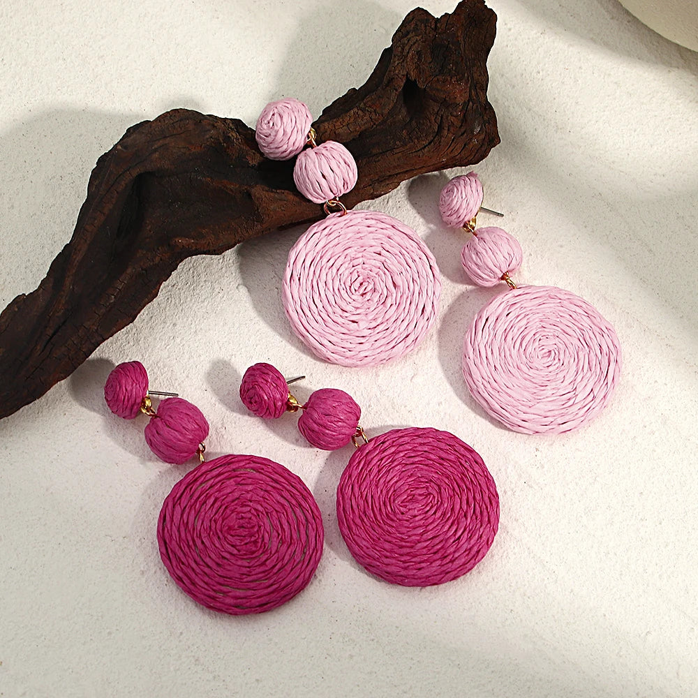 Yellow Raffia Knit Round Drop Earrings Jewelry