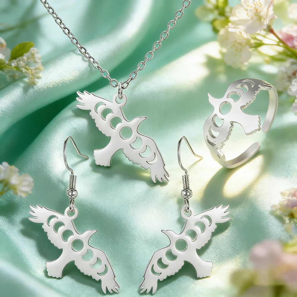 Raven & Moon Phase Jewelry Set, Necklace Earrings Ring Witchy Trio
