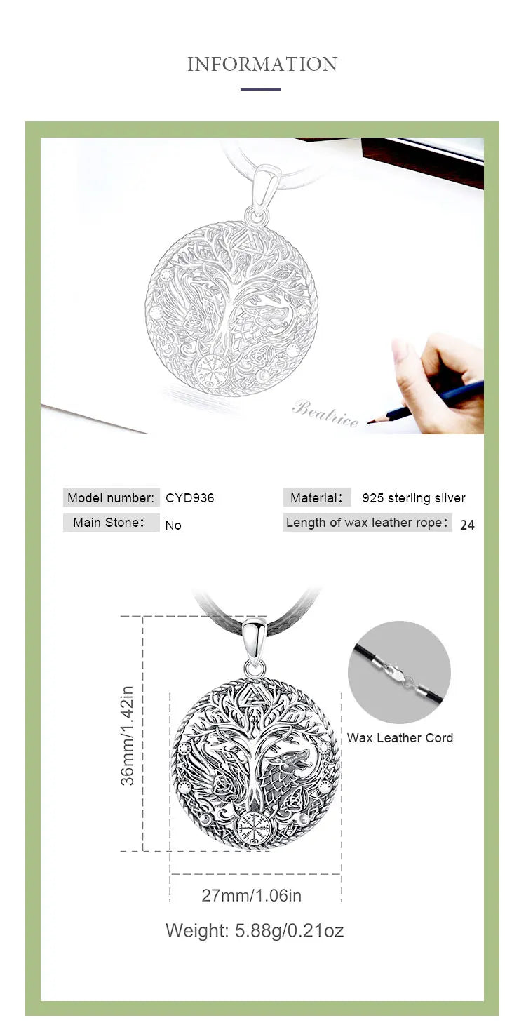 S925 Sterling Silver Viking Raven Wolf Pendant Necklace, Celtic Knot Tree of Life Compass Amulet