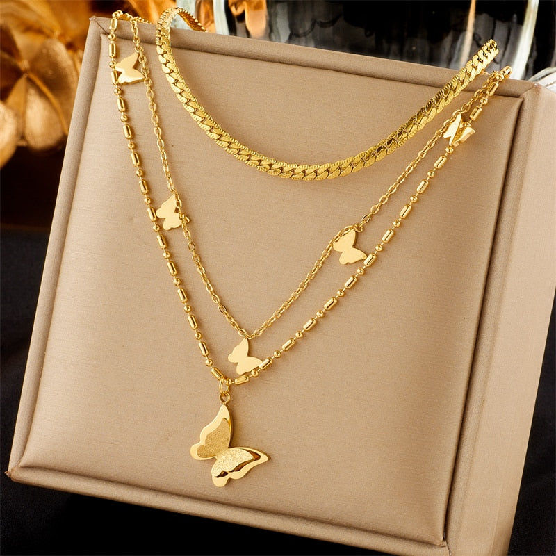DIEYURO 316L Stainless Steel Butterfly Moon Lock Blue Eyes Pendant Necklace For Women Multilayer Choker Chain Jewelry Gifts - Charlie Dolly
