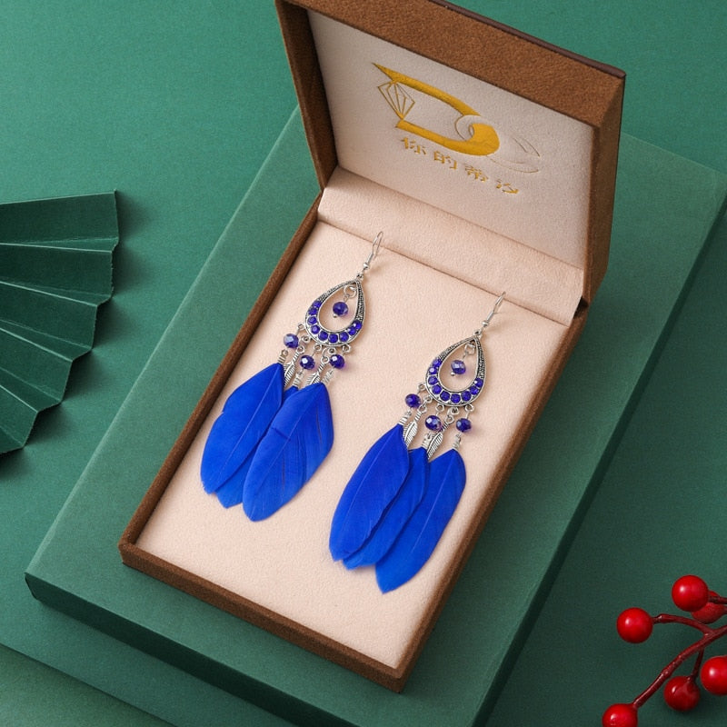 Vintage Long Water Drop Feather Earrings for Women Elegant Insert Rhinestone Crystal Bead Leaf Tassel Earring Female Jewelry