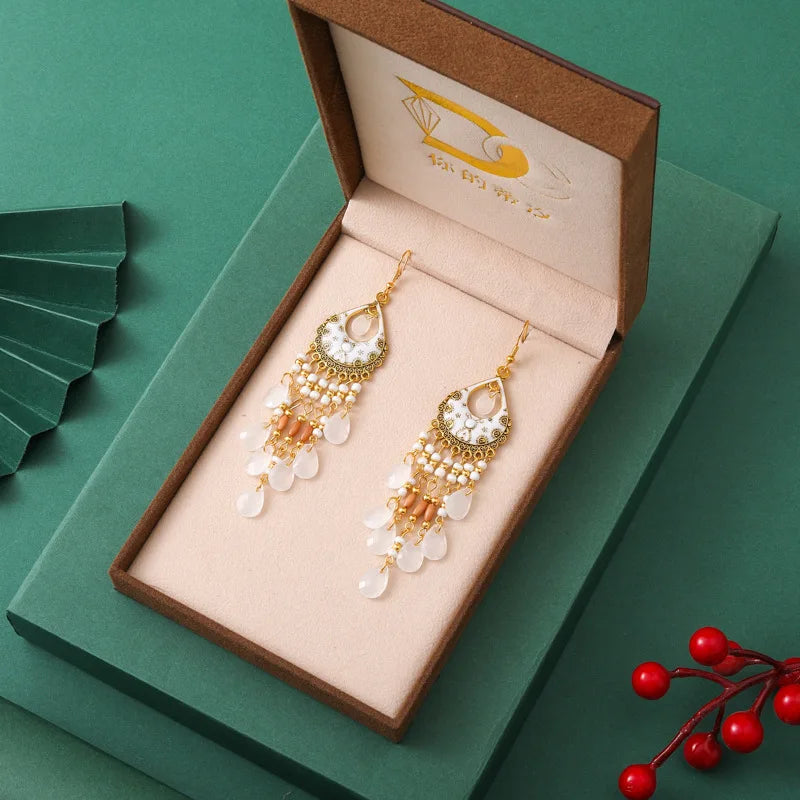 Acrylic Waterdrop Bead Tassel Long Earrings Jewelry