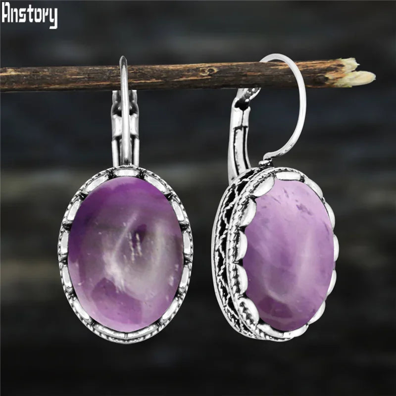 Oval Amethysts Earrings For Women Tibetan Silver Natural Stone Rose Quartz Lapis Lazuli Tiger Eye Fashion Earring - Charlie Dolly