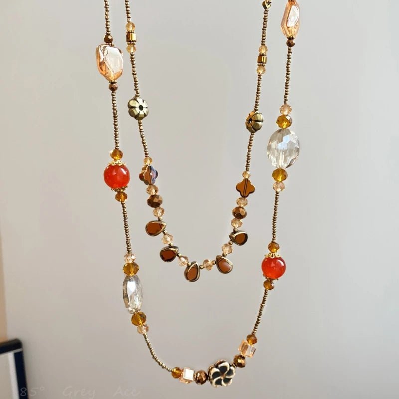 Ceramic Flower Glass Droplet Layered Necklace Jewelry