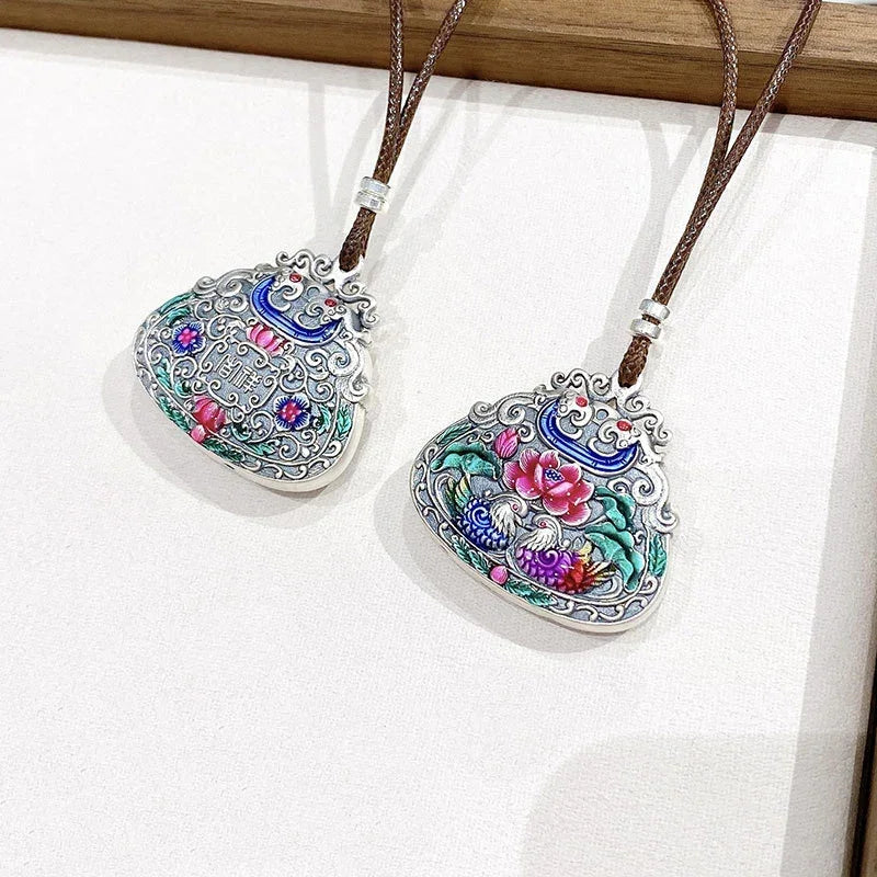 925 Sterling Silver Cloisonne Mandarin Duck & Lotus Enamel Necklace, Auspicious Love Amulet