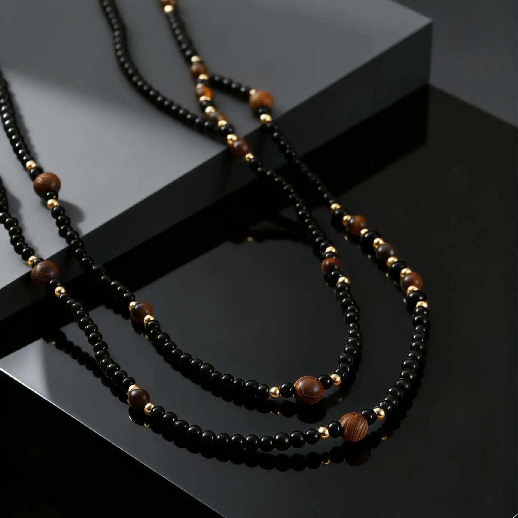 Black Agate Natural Stone Tiger Eye Beads Chain Necklace for Men, Retro Long Sweater Chain Necklace, Fashion Boho Jewelry Gift - Charlie Dolly
