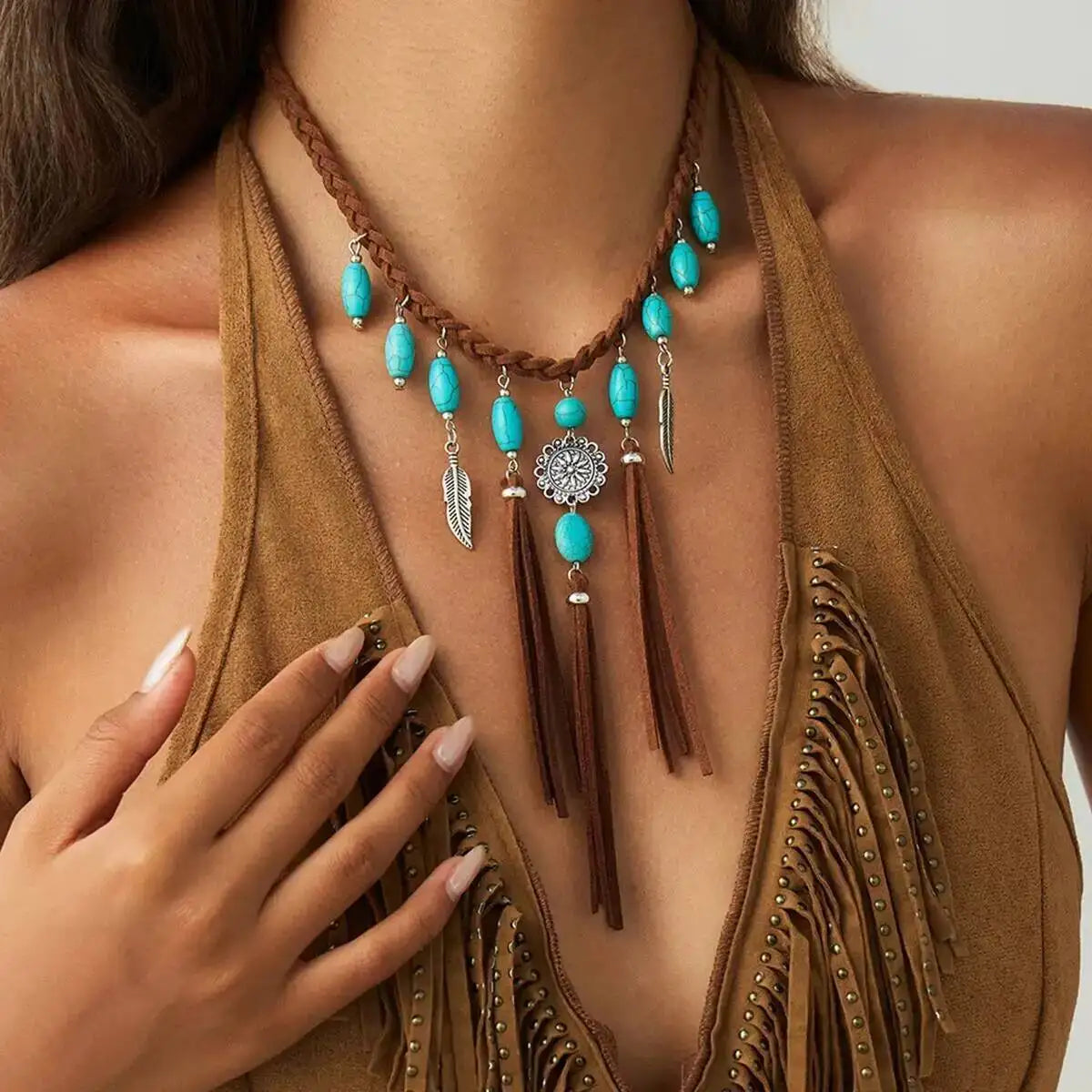 Feather Tassel Woven Rope Stone Choker Necklace Jewelry