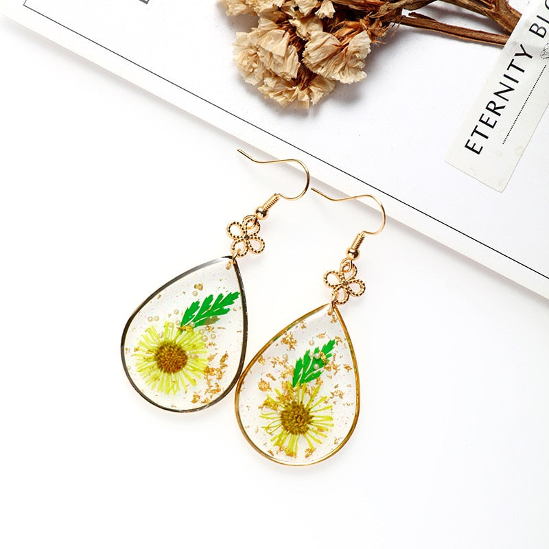 Creative Real Flower Earring Unique Round Dried Flower Drop Earrings Real Floral Sweet Earring For Women Gifts Summer Jewelry
