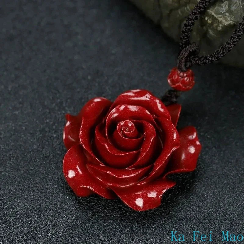Cinnabar Jade Rose Flower Pendant, Chinese Healing Luck Amulet