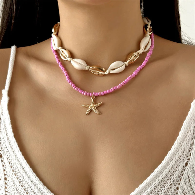 Gold Starfish Shell Rice Bead Choker Necklace Jewelry