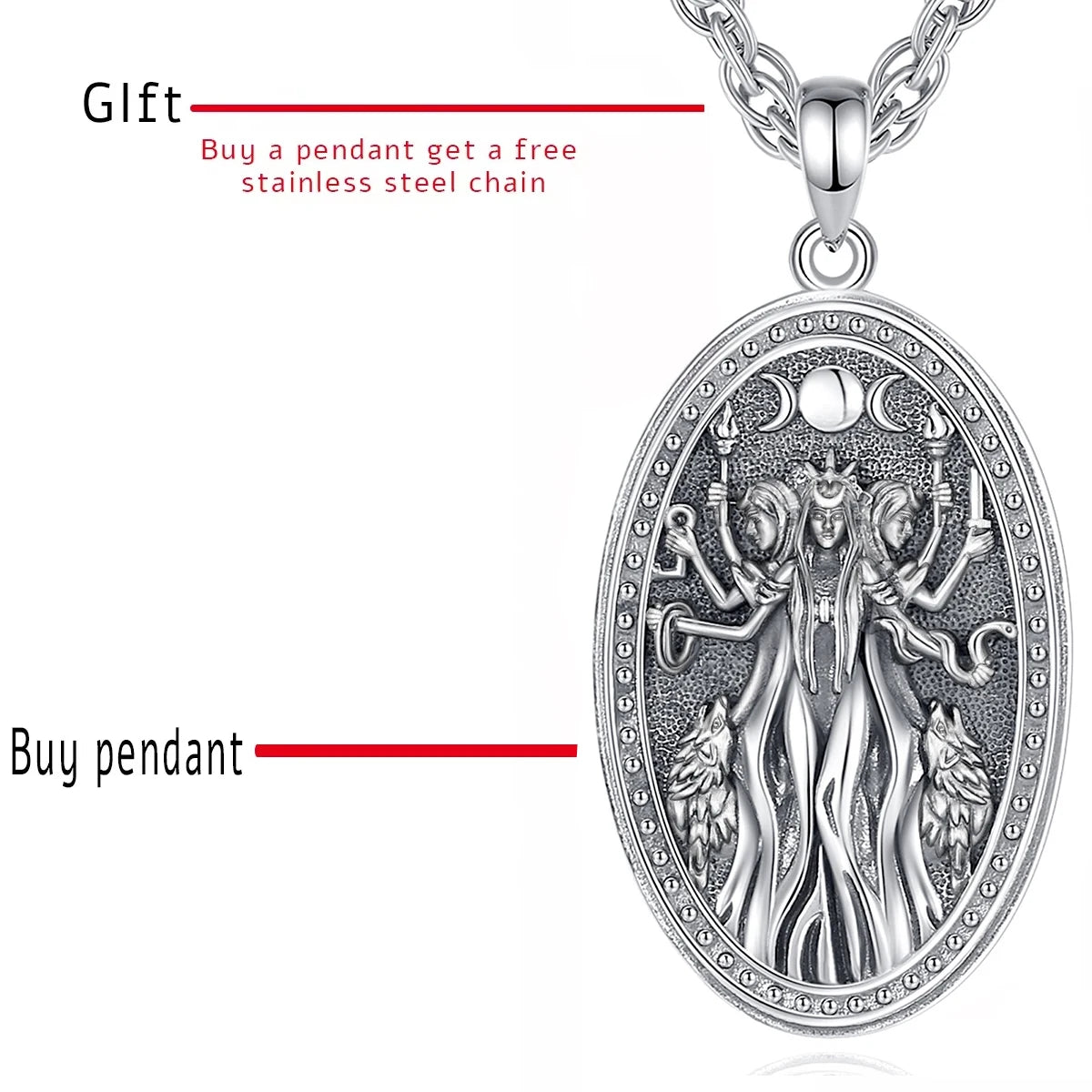 Triple Moon Goddess Hecate Hound Necklace, S925 Sterling Silver