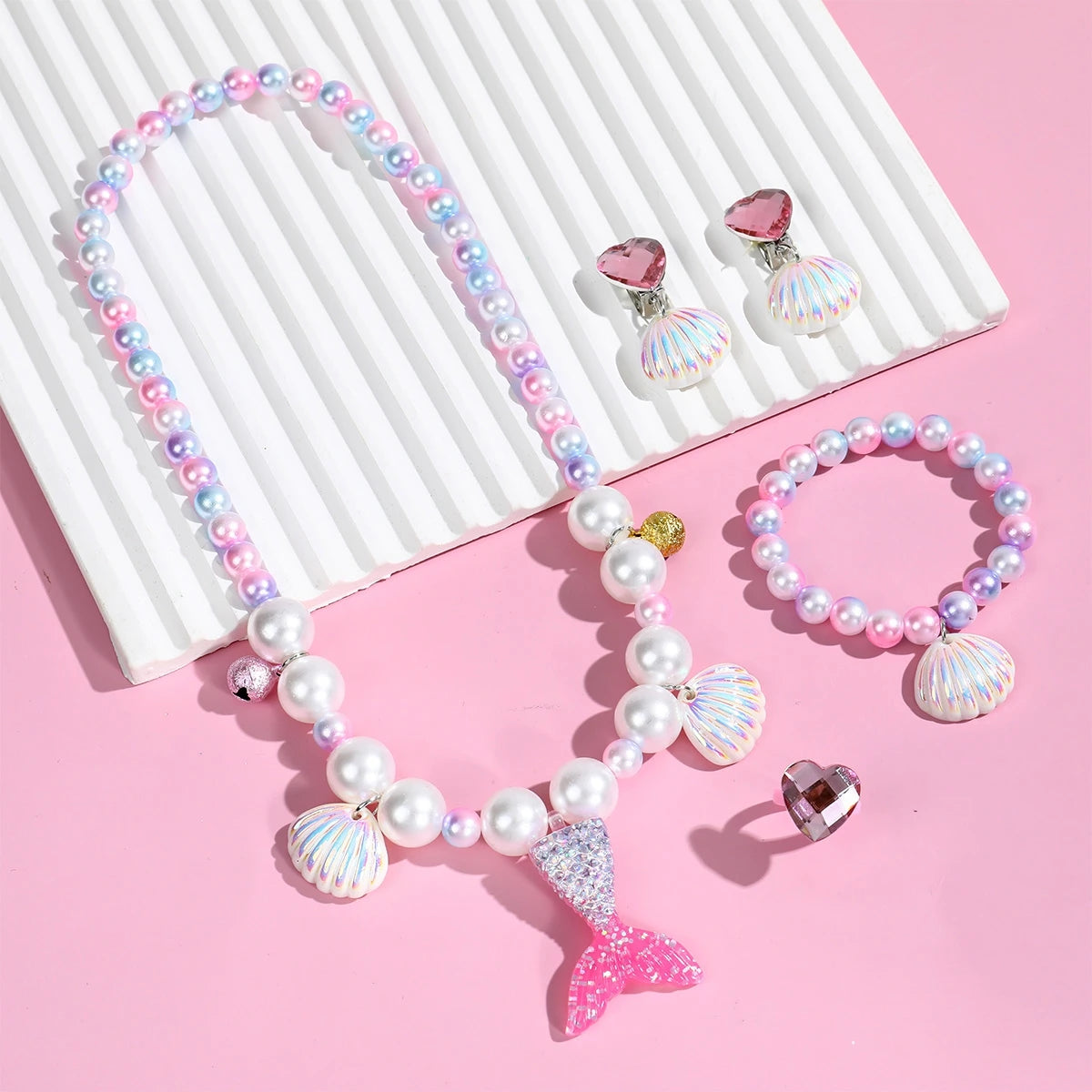 Princess Mermaid Shell Charm Necklace and Bracelet Set (5 Pieces)