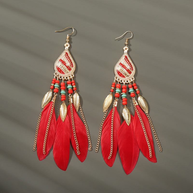 Boho Long Feather Dangle Women's Earrings Beach Long Tassel Beads Handmade Flower Enamel Earrings Bride Wedding Pendientes Mujer