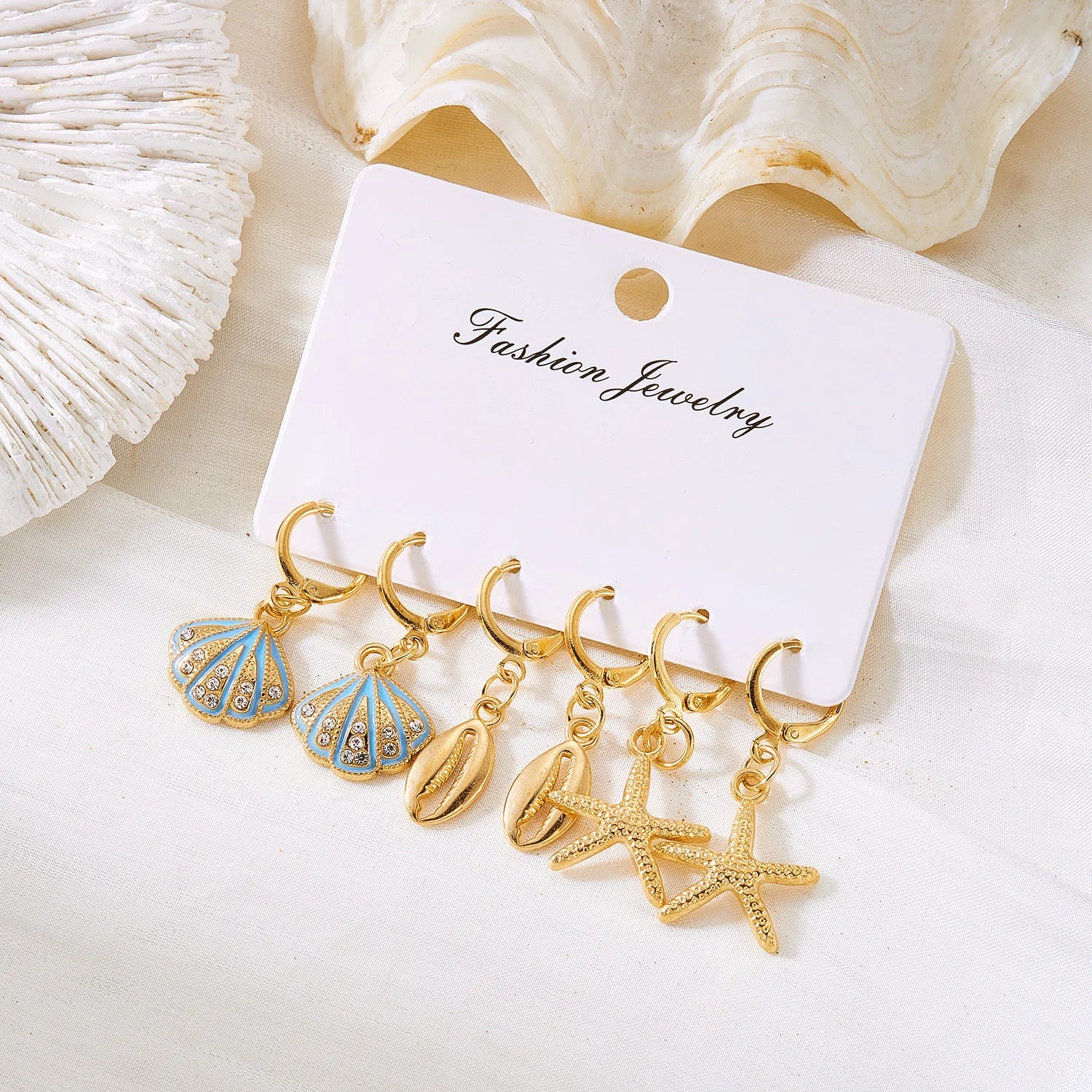 Starfish, Scallop and Pearl Boho Earring Set (6 Pieces)
