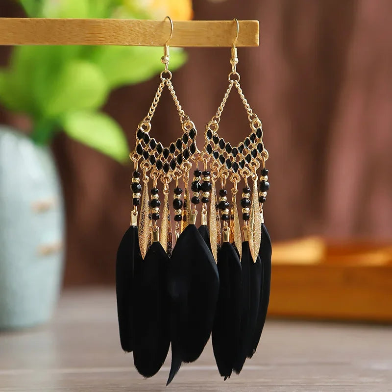 Feather Colorful Bead Long Tassel Earrings Jewelry