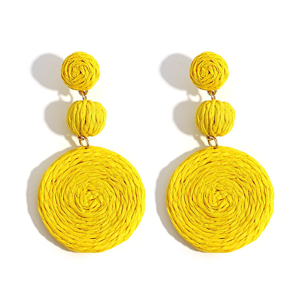 Yellow Raffia Knit Round Drop Earrings Jewelry
