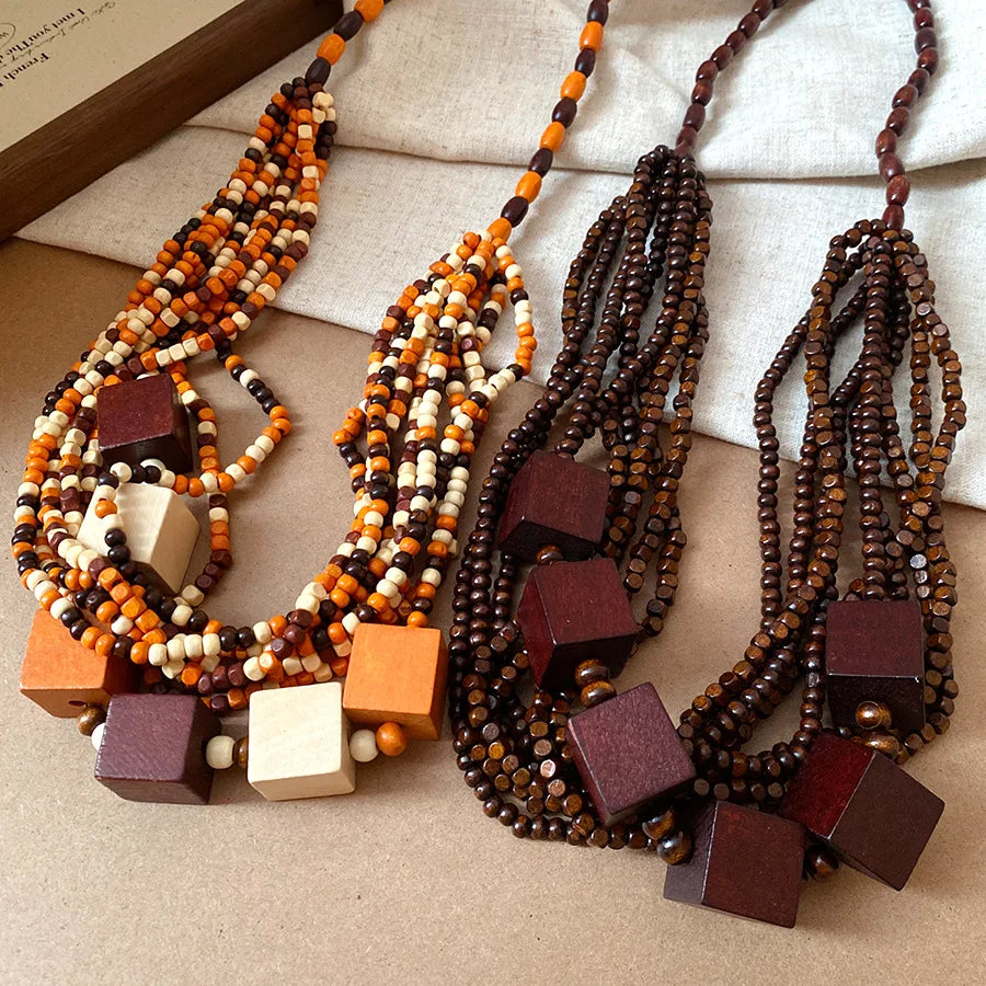 Cubic Wood Bead Multilayer Statement Necklace Jewelry