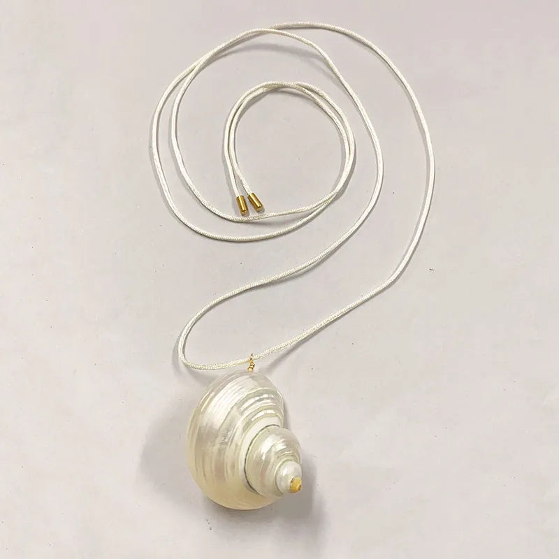 Vacation Conch Shell and Blue Rope Boho Pendant Necklace