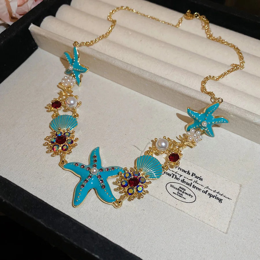 Marine Starfish Shell and Coral Pendant Necklace