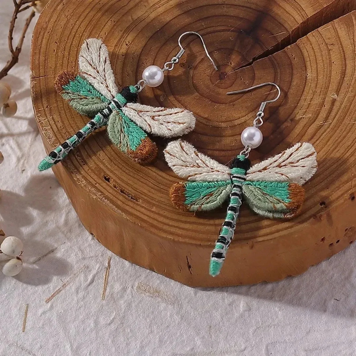 Embroidered Dragonfly Handmade Drop Earrings Jewelry