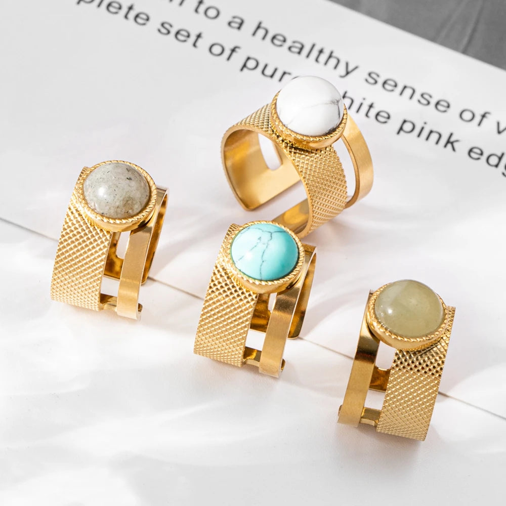 WILD & FREE Boho Stainless Steel Rings For Women Glamour Trendy Gold Color Inlaid Natural Stone Statement Jewelry - Charlie Dolly