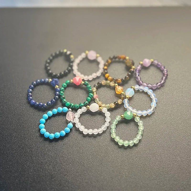 Boho Natural Stone Ring For Wedding Multi Color Handmade Stretchy Jewelry With Stainless Steel Fashion Beaded Rings - Charlie Dolly
