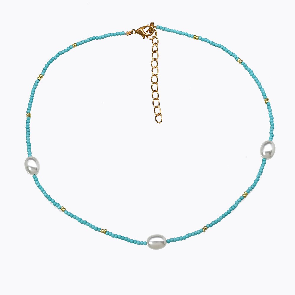 Handmade Beaded Shell Pendant Necklace Pearl Flower Clavicle Chain Vintage Turquoise Choker Necklace Jewelry for Women Gifts