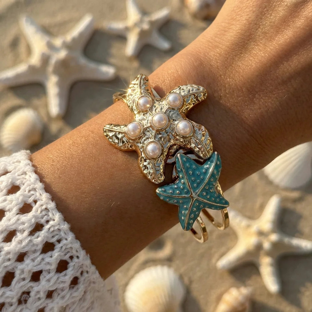 Starfish and Shell Enamel Bangle Bracelet