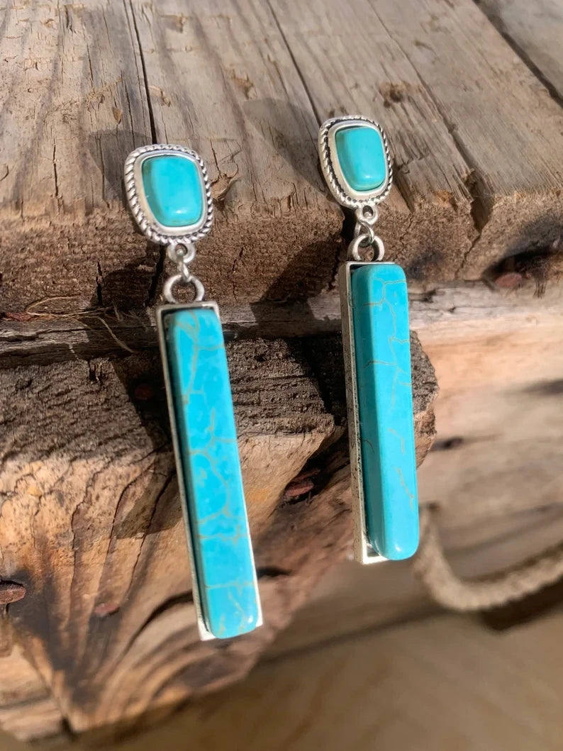 Retro Bohemian Rectangular Lapis Lazuli earrings, Fashionable Bluestone pendant, women's Jewelry Accessories - Charlie Dolly