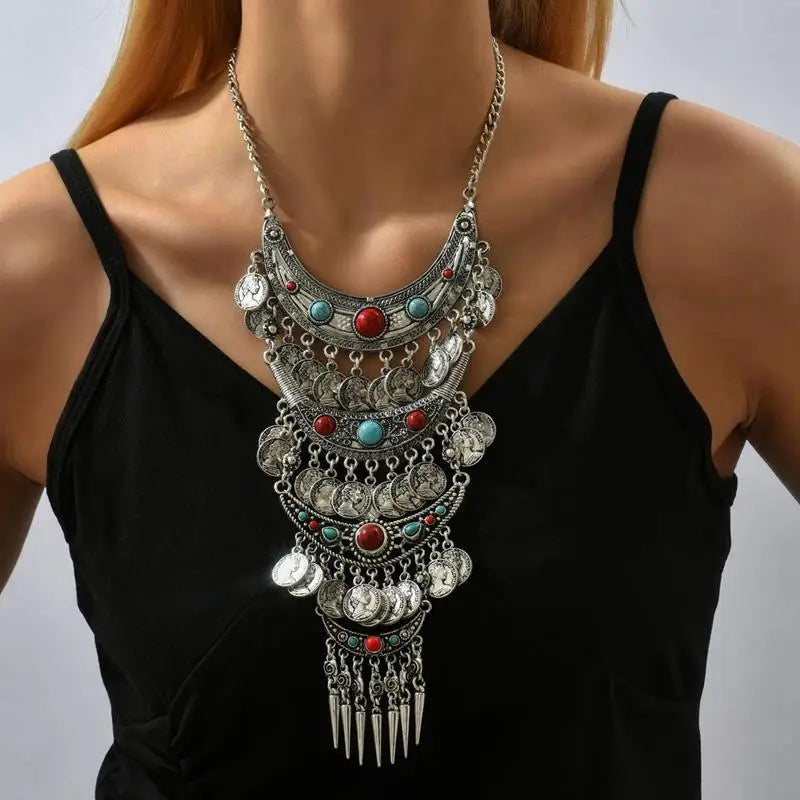 موضة ملونة بوهو خمر Collares ماكسي بيان قلادة كولير فام طويل البوهيمي عملة شرابة قلادة متعددة الطبقات