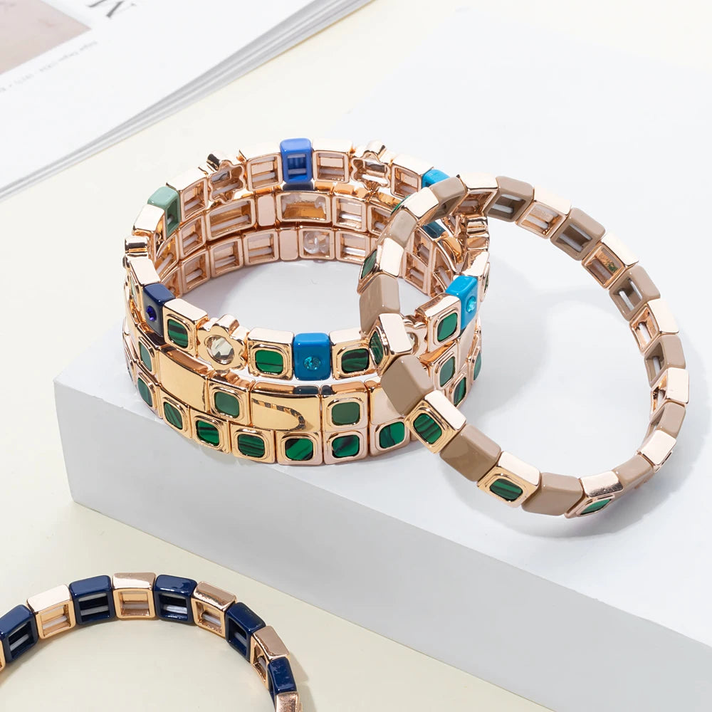 2023 New Design 8x8mm Inlaid Nature Stone Bracelets For Women Gold Color Boho Elastic Bangle Handmade Inlaid Diamond Jewelry - Charlie Dolly