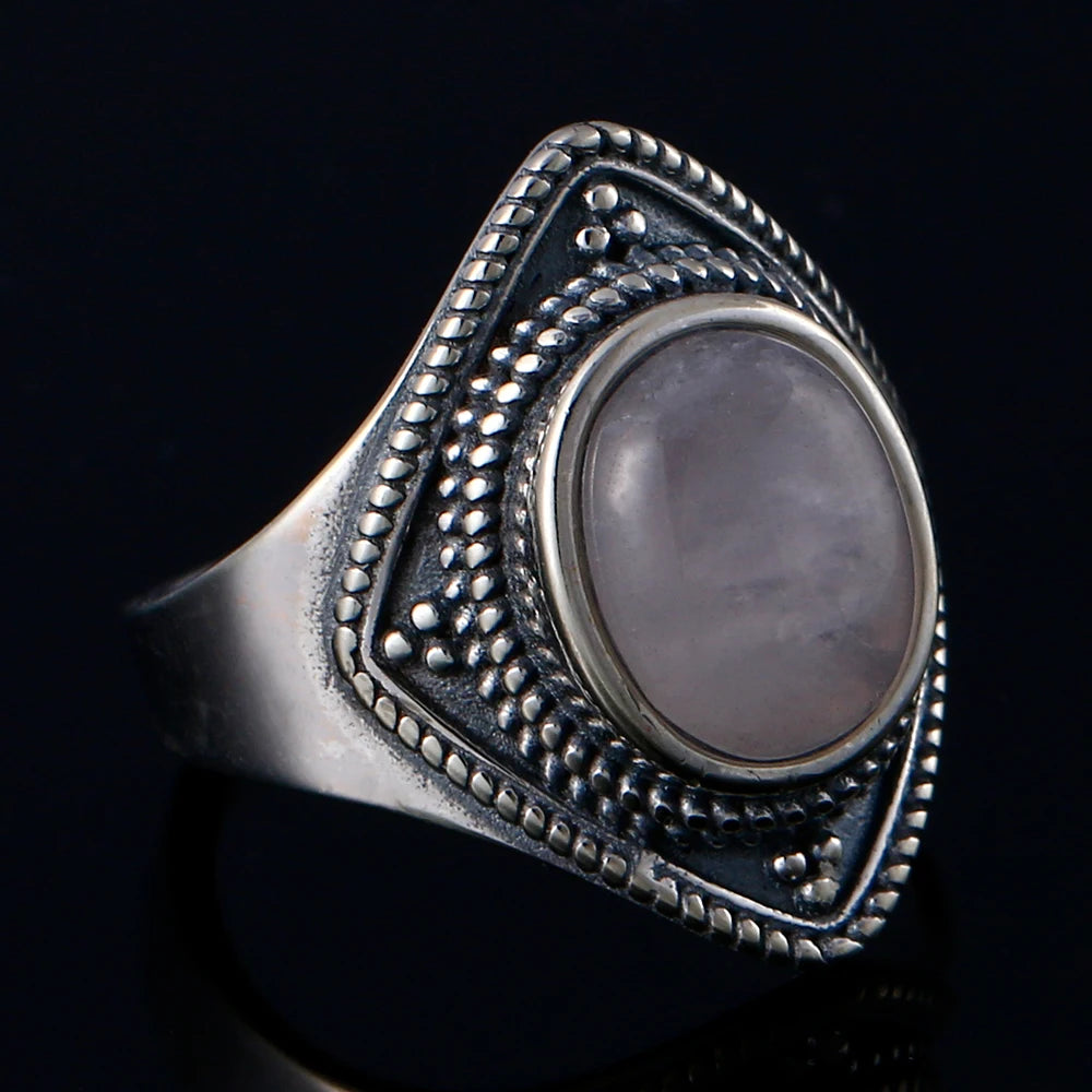 Natural Rose Quartz Oval Gemstone Ring - Vintage Boho Silver Plated Handmade Jewelry for Women Gift Party & Daily Wear - Charlie Dolly