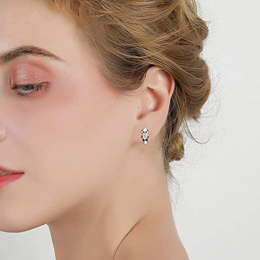 Black Panda Hoop Earrings for Women Cute Girls Circle Earrings Silver Color Fashion Versatile Ear Jewelry Gifts