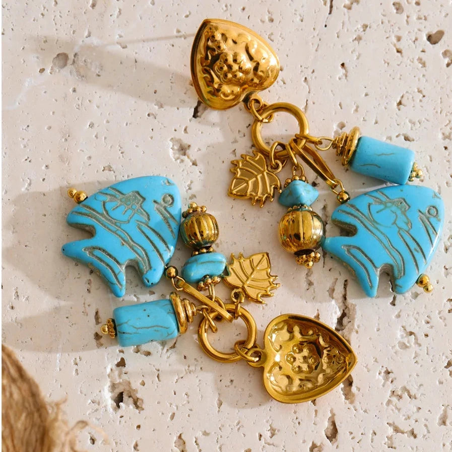Blue Stone Fish Drop Earrings, 18K Gold Ocean Summer Stainless Steel Jewelry