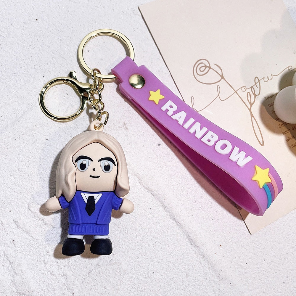 Trend Movie Addams 3d Keychain Wednesday Addams Pendant Keyrings Cartoon Figure Keyholder Backpack Car Key Keychains Accessories