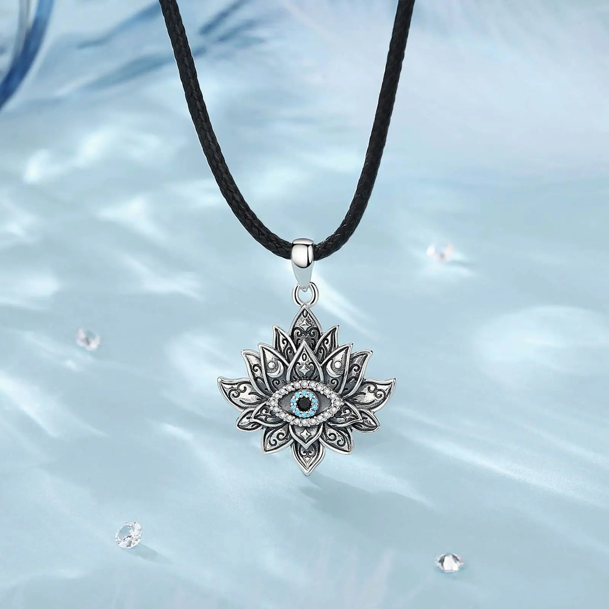 925 Sterling Silver Evil Eye & Lotus Pendant Necklace, Vintage Eudora Sacred Amulet