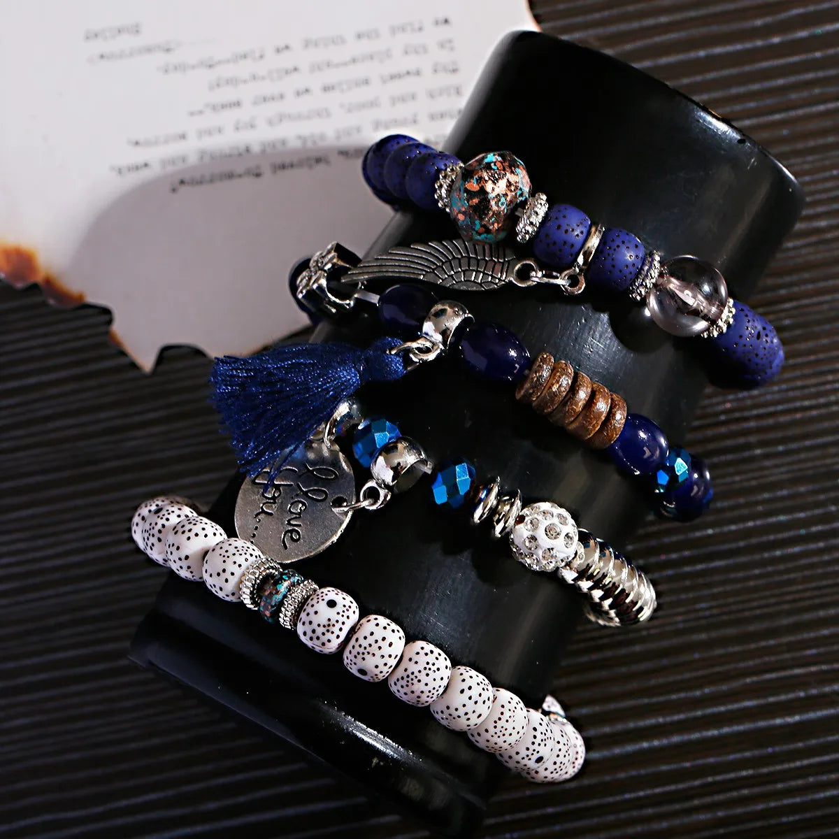 New Bohemian White Beads Tassel Bracelets Set Women Natural Lava Stone Alloy Wing Pendant Charm Bangle Boho Jewelry - Charlie Dolly