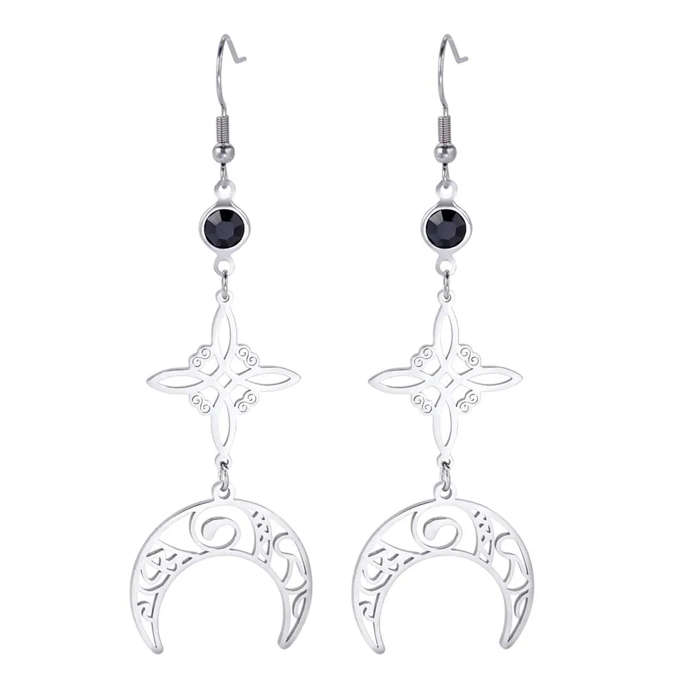 Triple Moon, Rune & Pentagram Hoop Earrings, Stainless Steel Witchy Amulet
