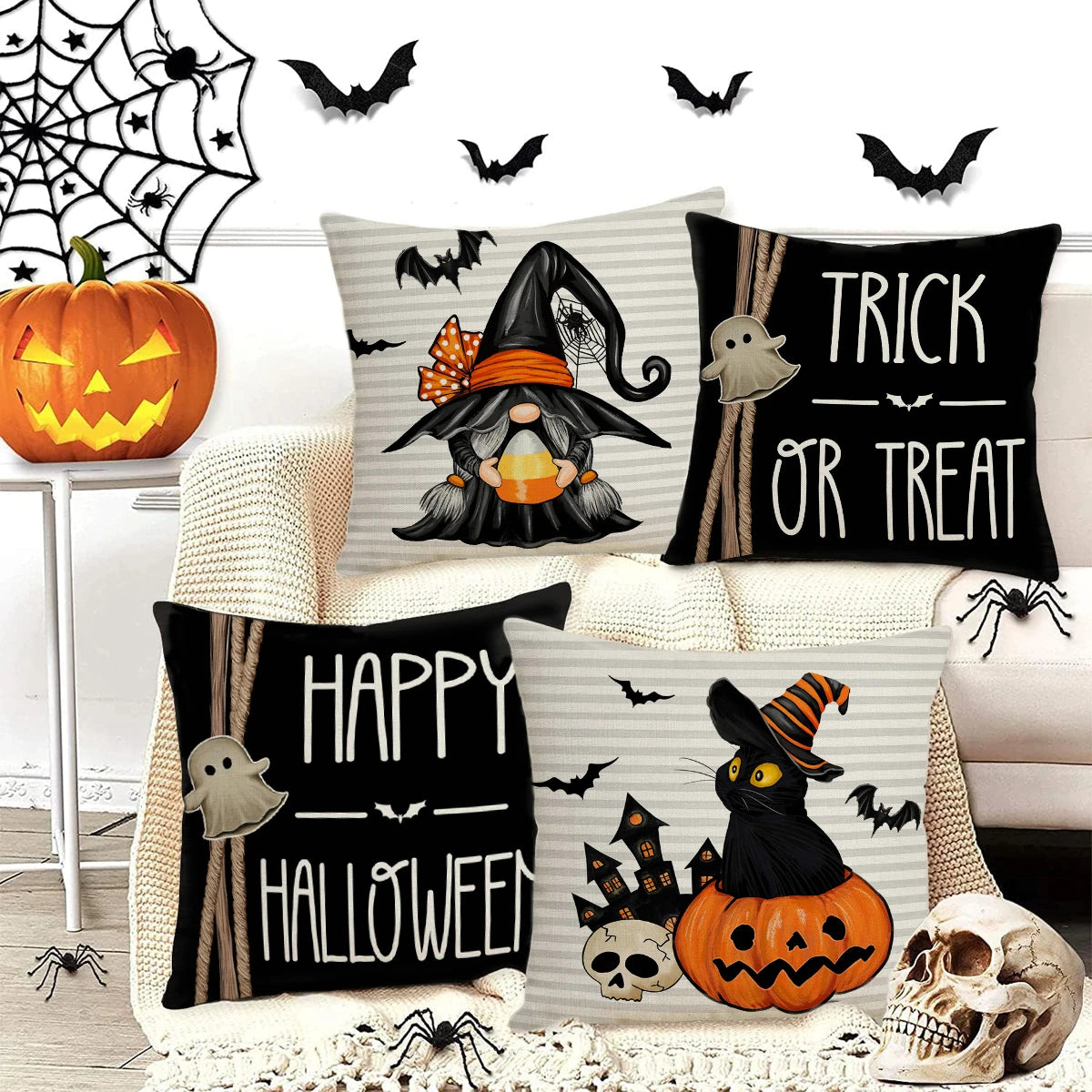 2024 Halloween Cushion Cover Halloween Decoration for Home Ghost Pumpkin Bat Pillowcase Horror Trick Or Treat Party Supplies - Charlie Dolly