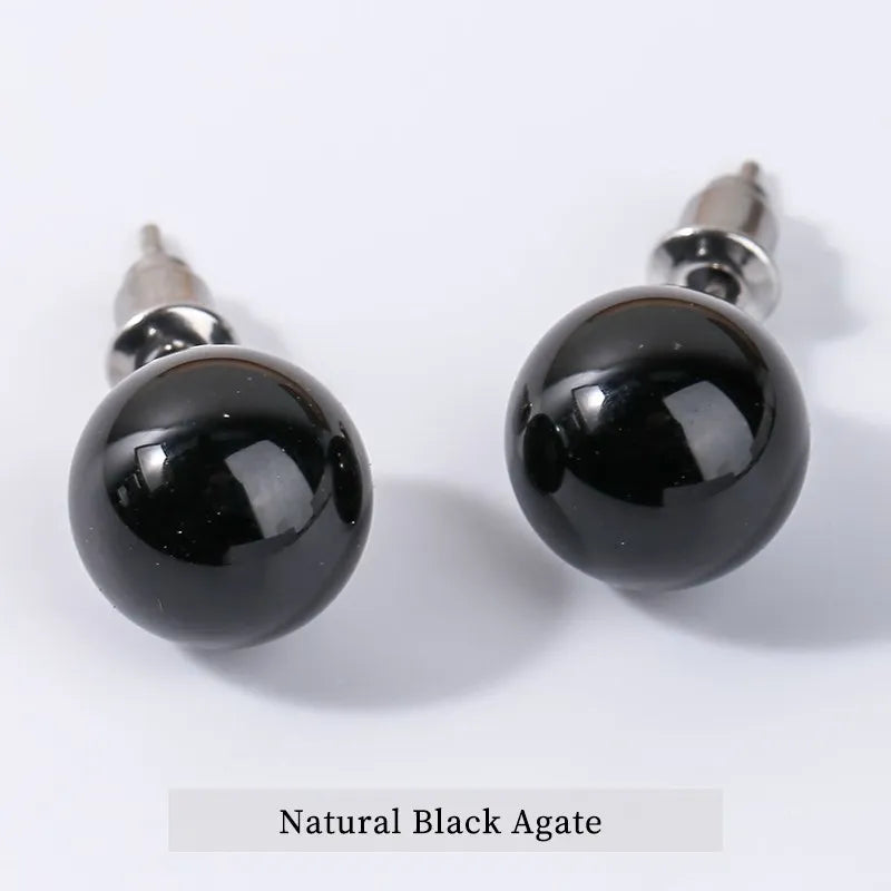 Natural Stone Agate Quartz Lapis Lazuli Tiger Eye Round Bead Stud Earrings Women Fashion Simple Stainless Steel Crystal Ear Stud - Charlie Dolly