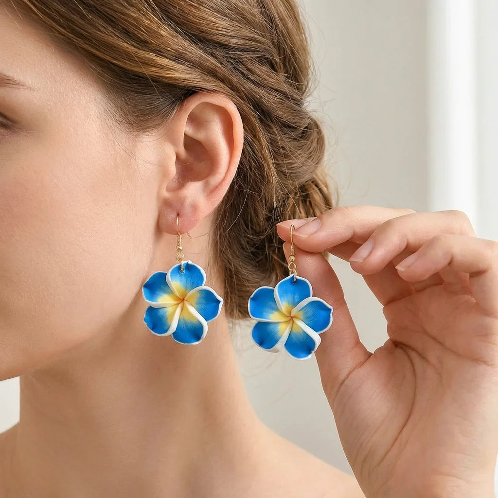 Pink Plumeria Clay Flower Drop Earrings Jewelry