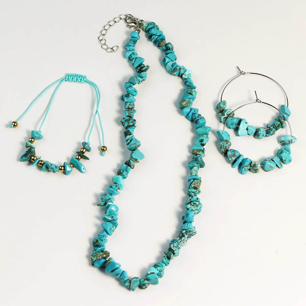 3PCS Natural Stone Turquoise Crushed Stone Necklace Bracelet Earrings Set Boho Unisex Fashion Summer Seaside Vacation Jewelry - Charlie Dolly