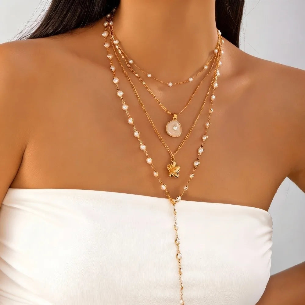 Pearl Flower Pendant Tassel Choker Necklace Jewelry