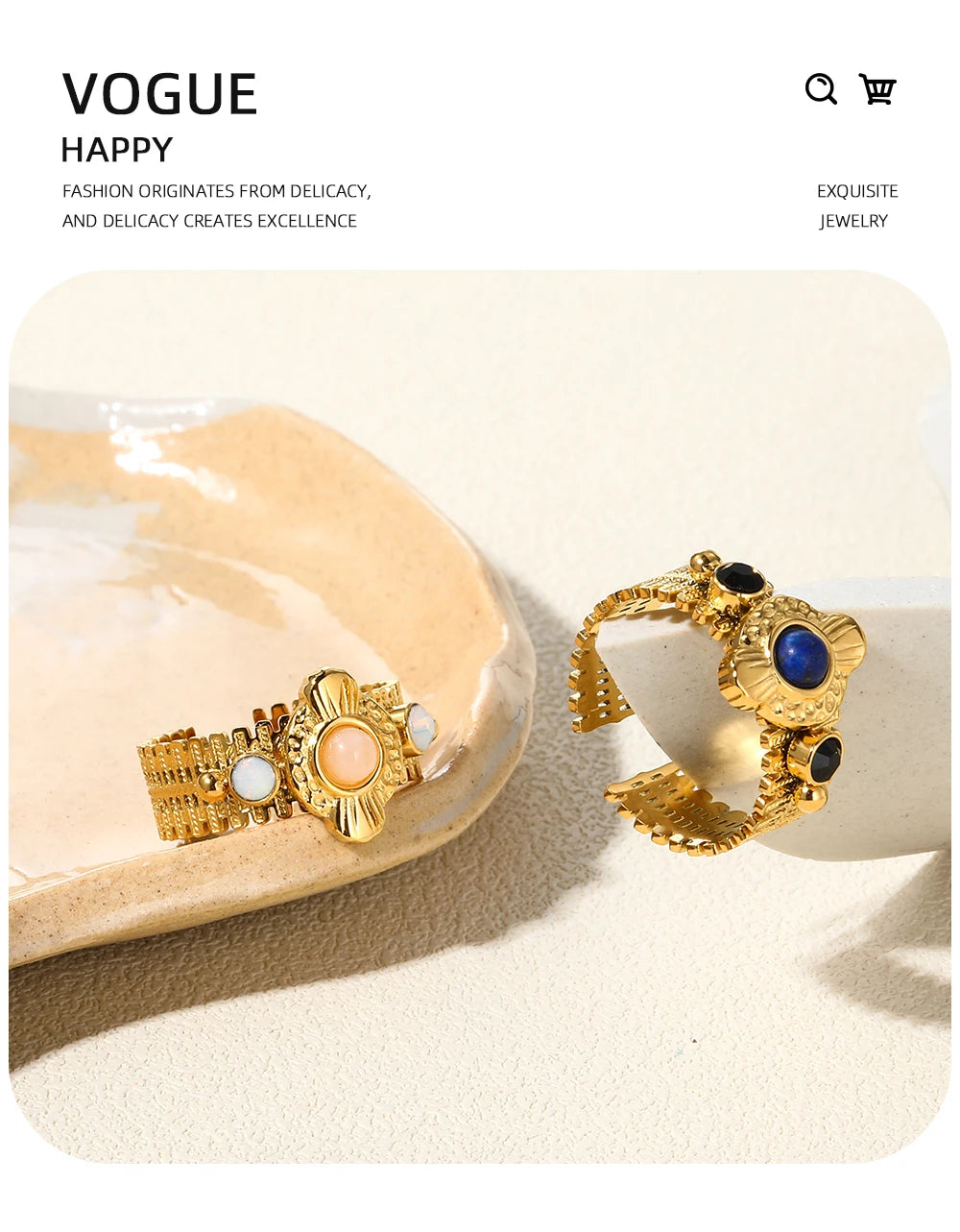 YACHAN Boho Vintage Stainless Steel Rings for Women Pink Natural Stone Lazurite 18K Gold Plated Aesthetic Trend Jewelry - Charlie Dolly