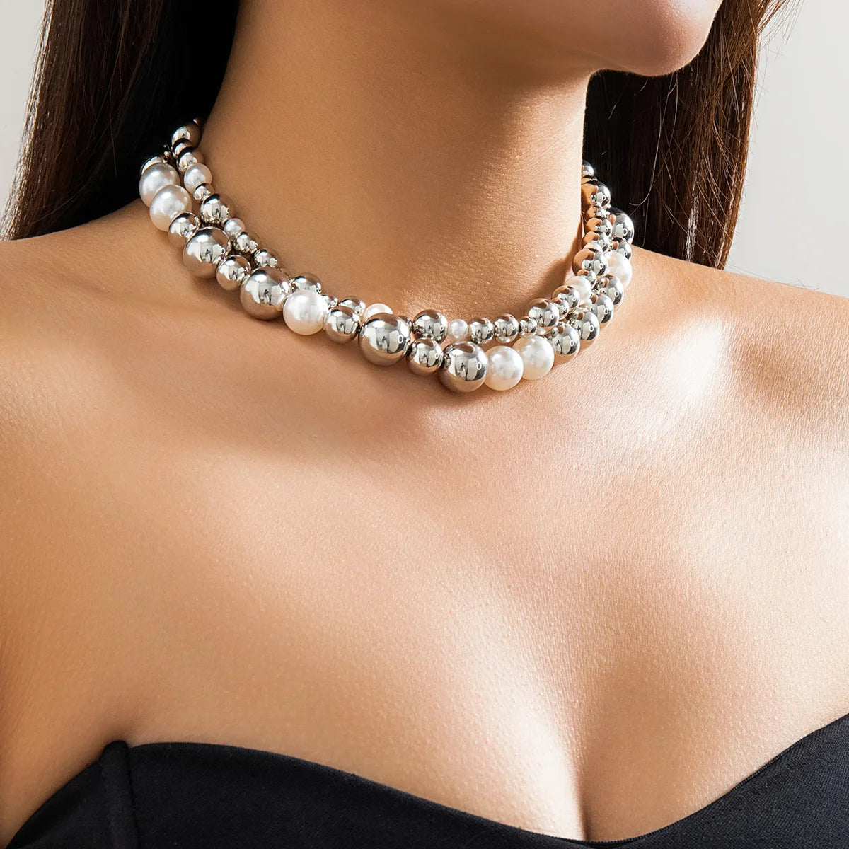 Mixed Pearl Ball Layered Collar Necklace Jewelry