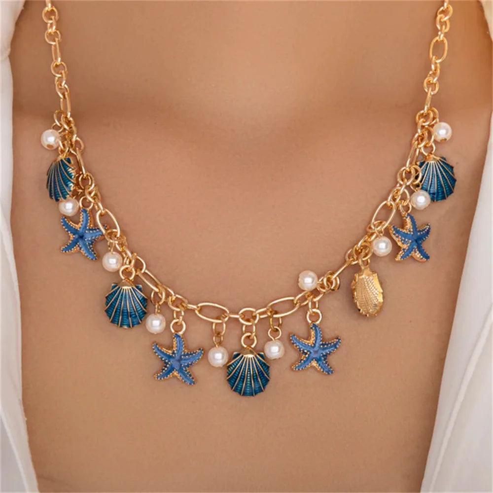 Starfish Scallop Sunflower Pearl Choker Necklace Jewelry